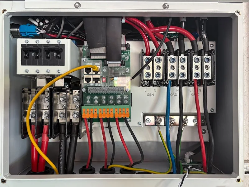 Inside view of an electrical control panel showing circuits and connections.