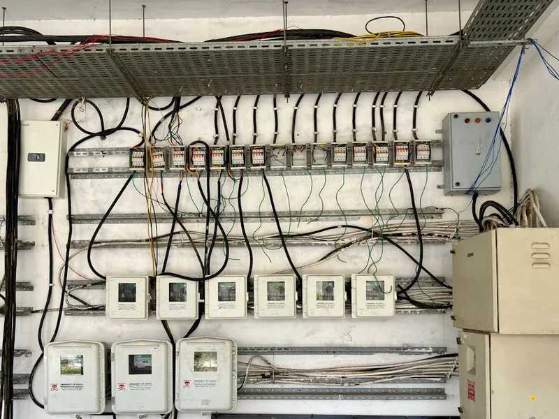 Complex network of electrical wiring and control panels in an industrial setting.