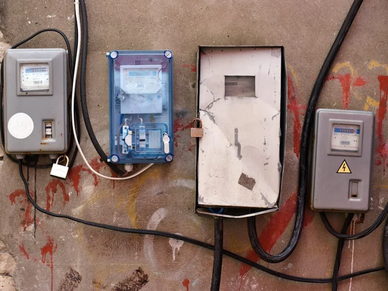 Electrical meters attached to a graffiti-covered wall showcasing utility infrastructure.