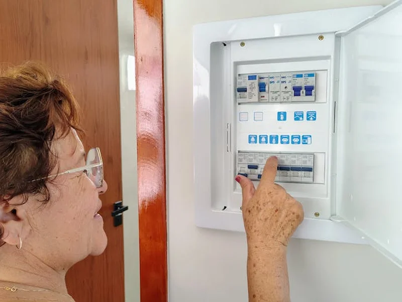 A senior woman is adjusting an electrical fuse panel indoors, demonstrating home safety.
