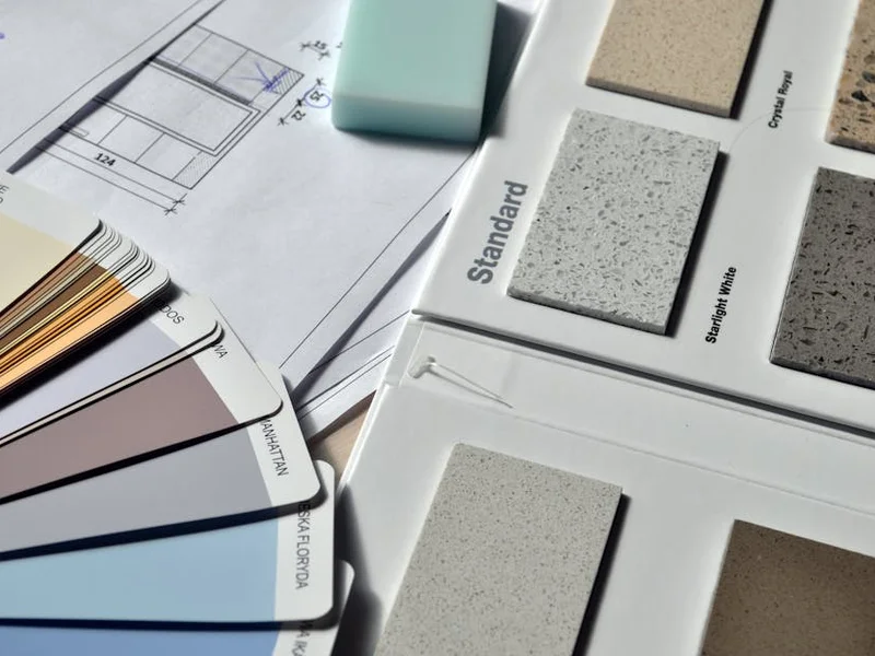 Color palette and material samples for interior renovation projects on a blueprint
