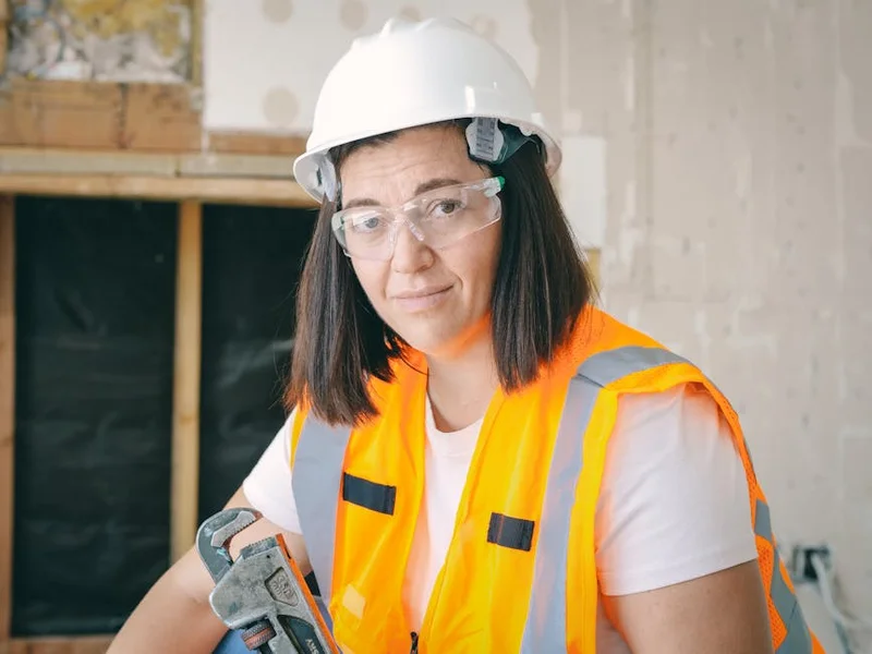 A female construction worker wearing safety gear holding a wrench indoors