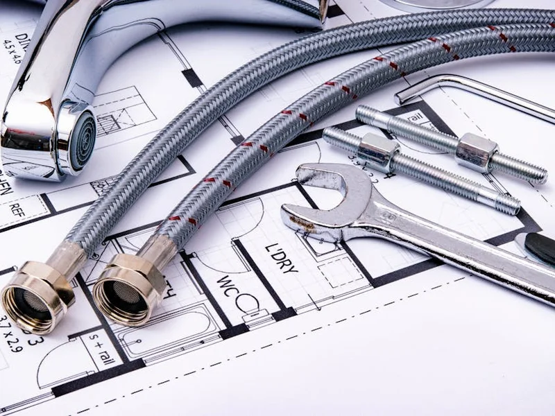 Close-up of plumbing tools and faucet on top of an architectural blueprint, perfect for hardware and construction themes