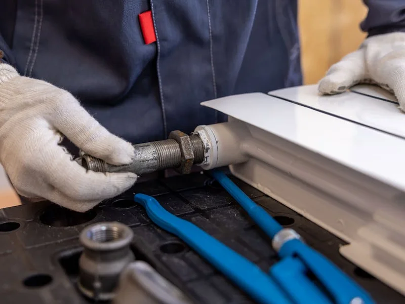 Close-up of a plumber installing a radiator pipe using specialized tools