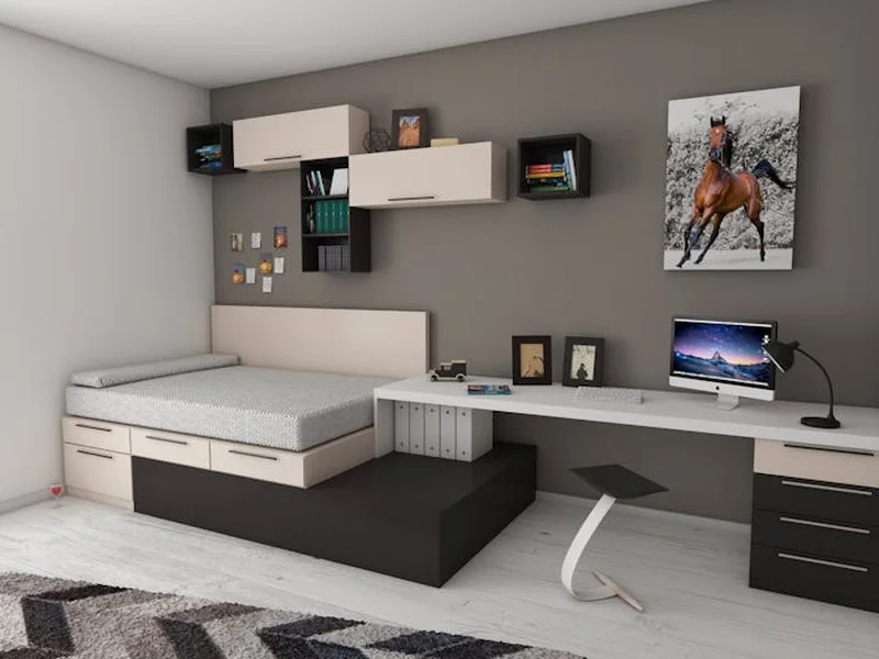 Stylish minimalist bedroom with modern furnishings and workspace area, perfect for home offices.